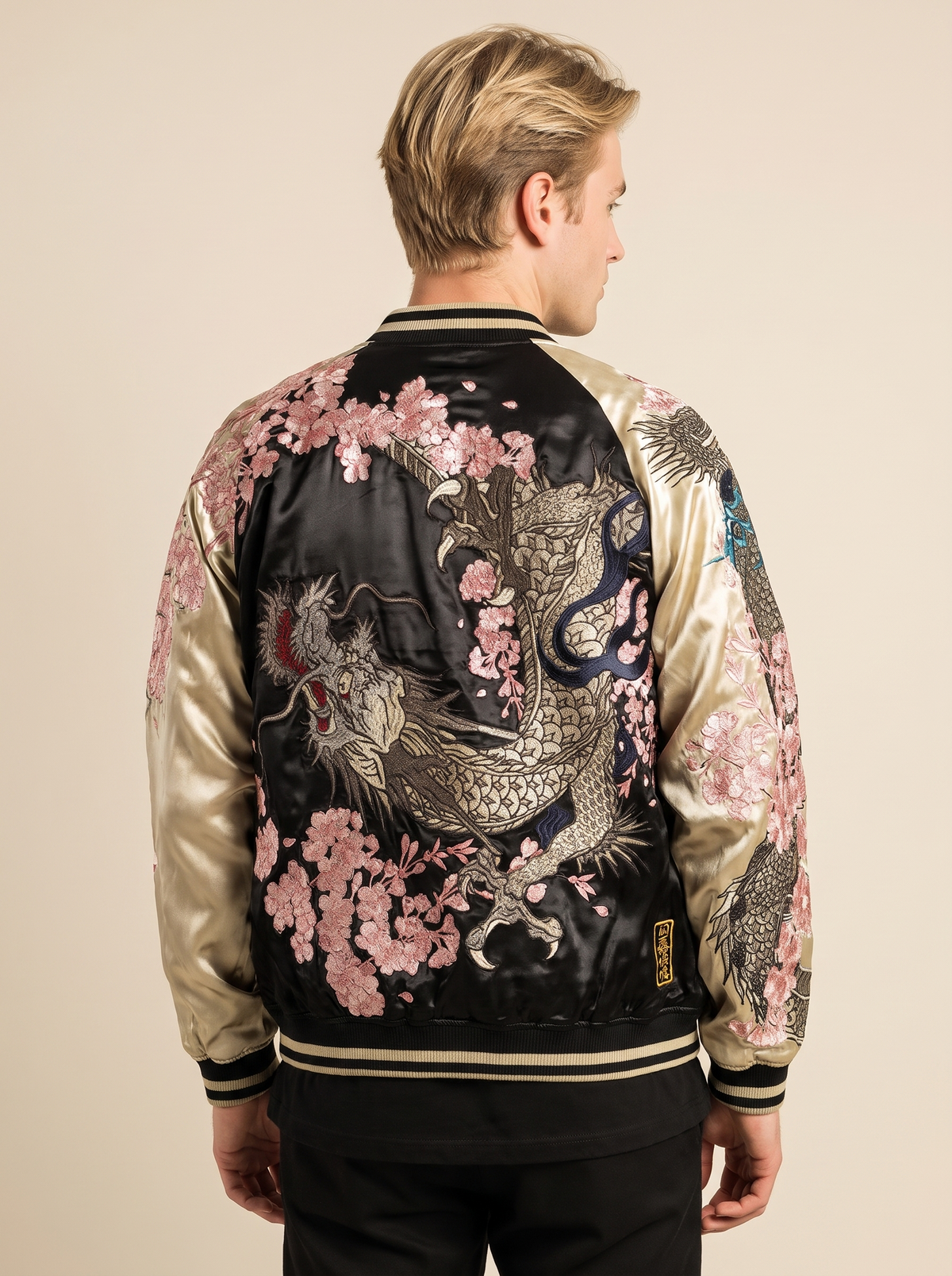 Reversible Sakura Dragon Sukajan Jacket, back view on model
