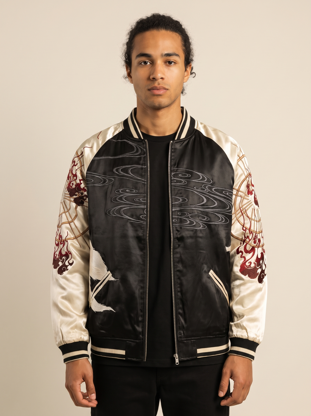 Nine-Tailed Fox (Kitsune) Embroidered Jacket, front view on model