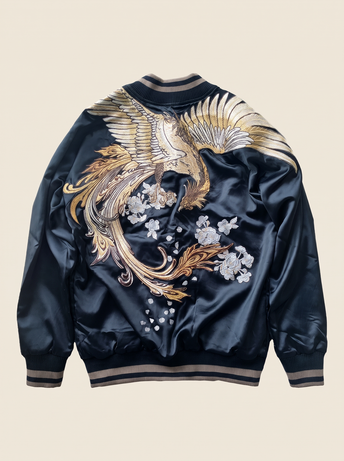 Sakura Phoenix Sukajan Jacket in Navy, product photo of the back
