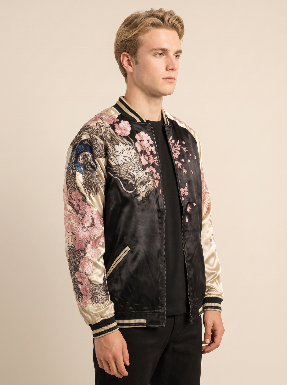 Reversible Sakura Dragon Sukajan Jacket, side view on model