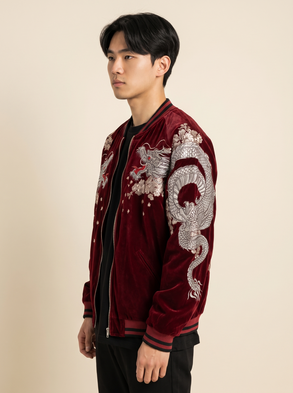 Coiled Dragon & Peony Sukajan Jacket in Wine Red, side view on model