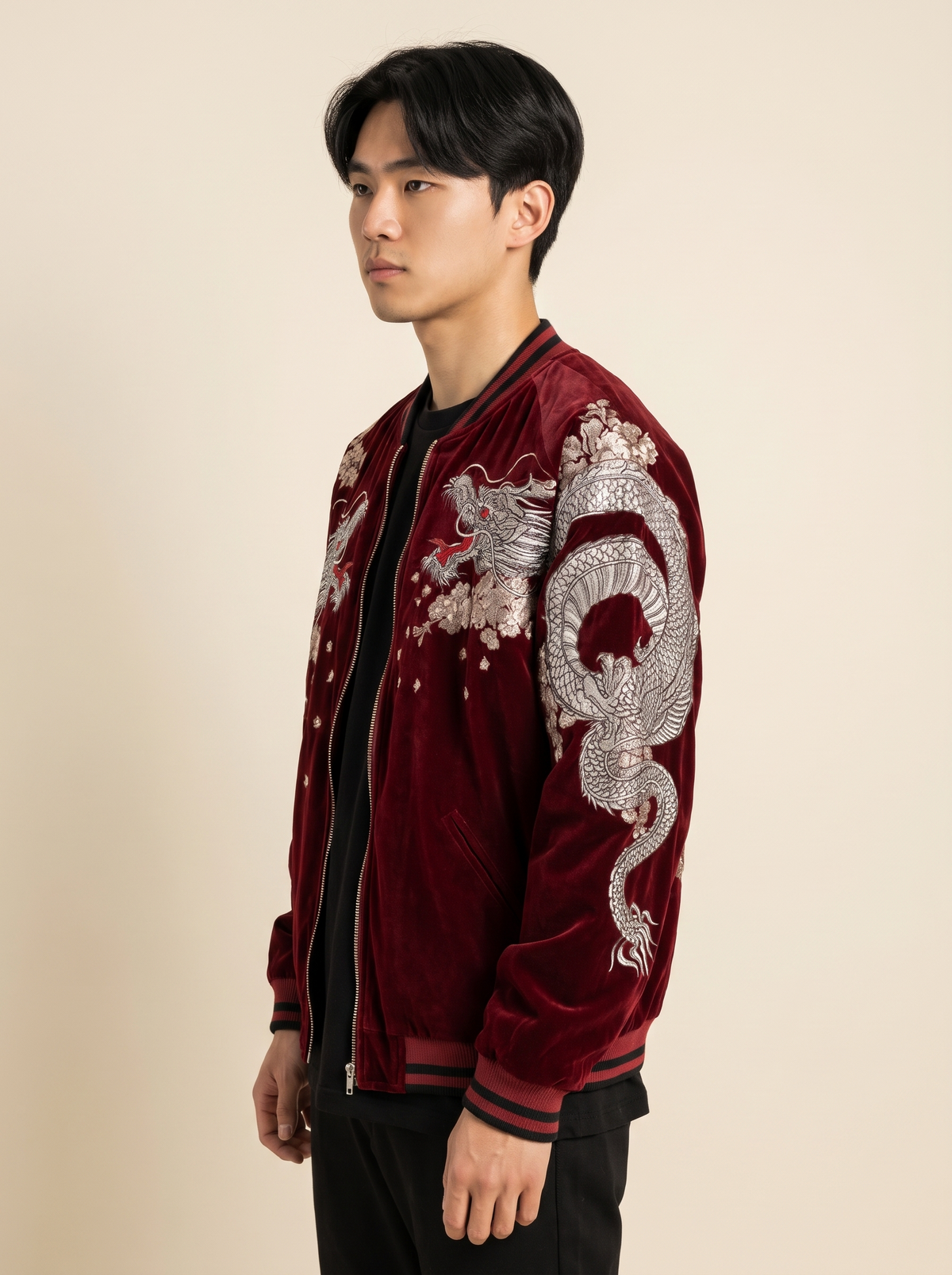 Coiled Dragon & Peony Sukajan Jacket in Wine Red, side view on model