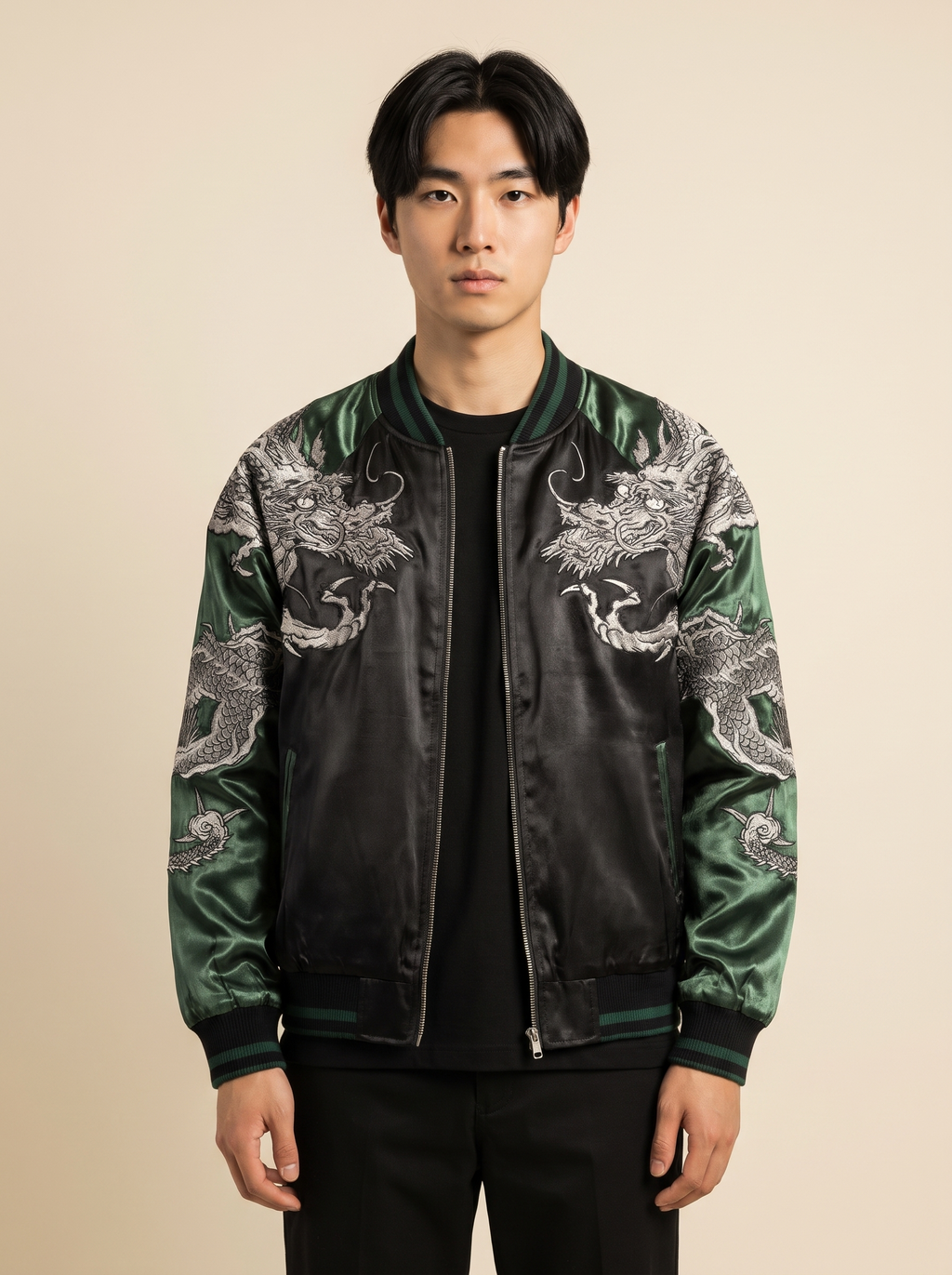 Yokosuka Dragon Embroidered Jacket with Green Sleeves, front view on model