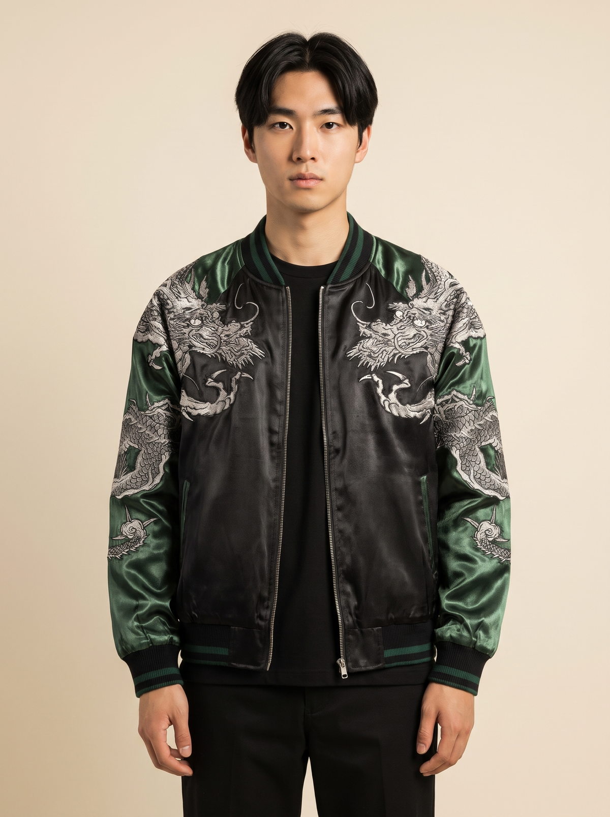 Yokosuka Dragon Embroidered Jacket with Green Sleeves, front view on model