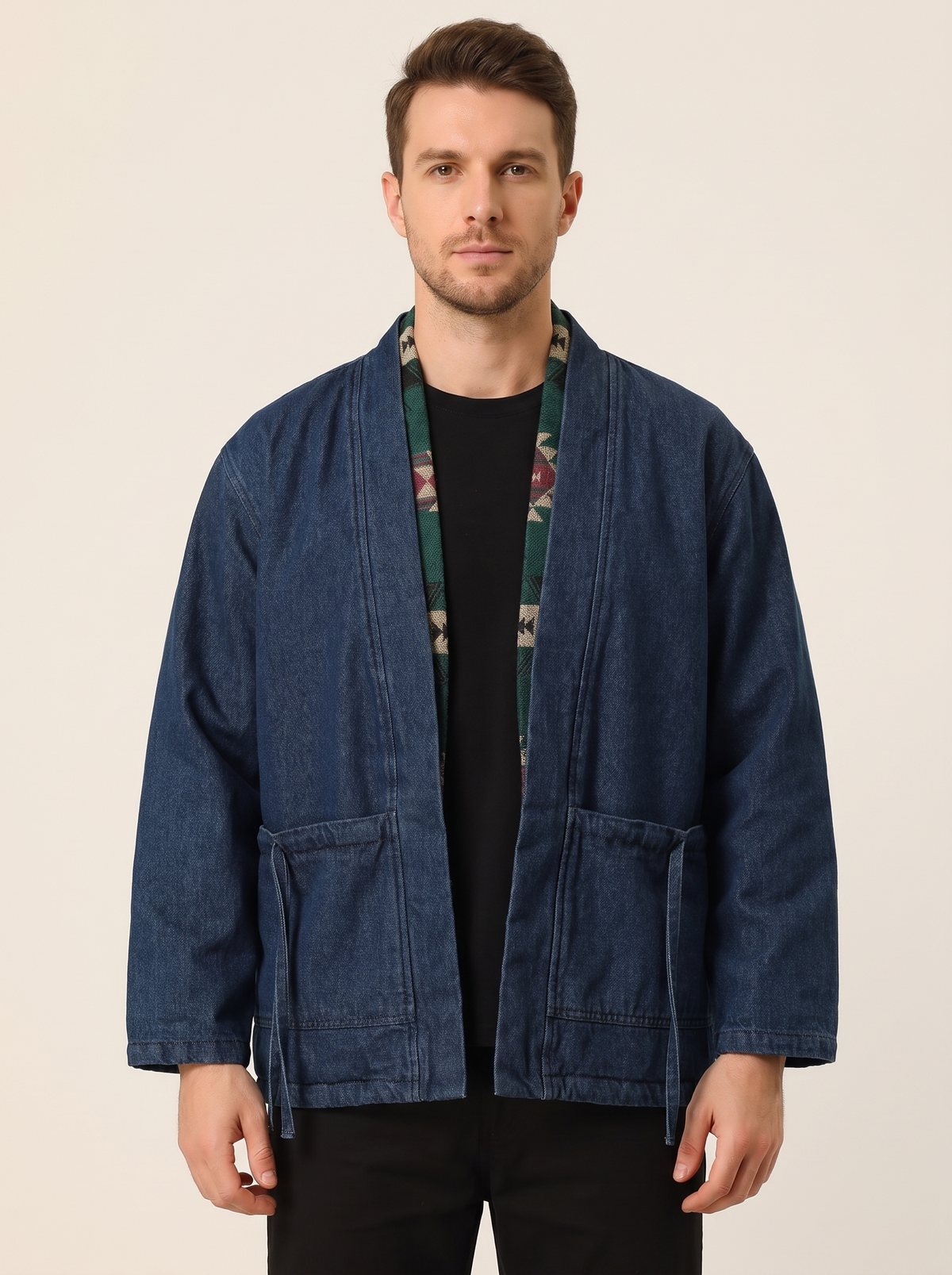 Reversible Winter Haori Jacket with Pockets in Blue, on model