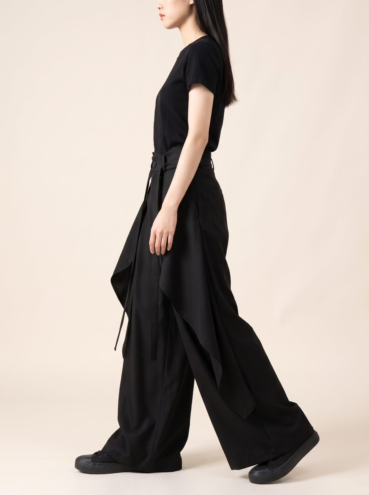 Layered Hakama Skirt Pants in Black, side view on model