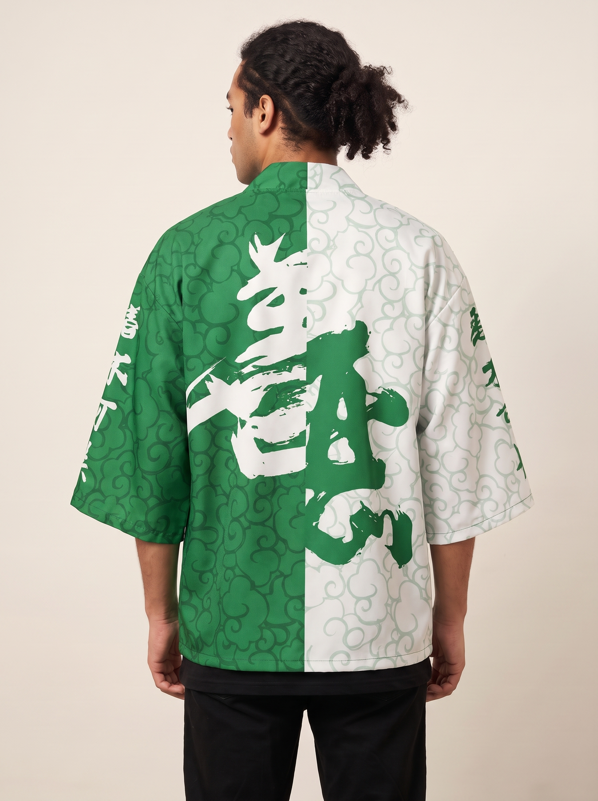 Harajuku Haori Kimono Shirt in Green & White, on model