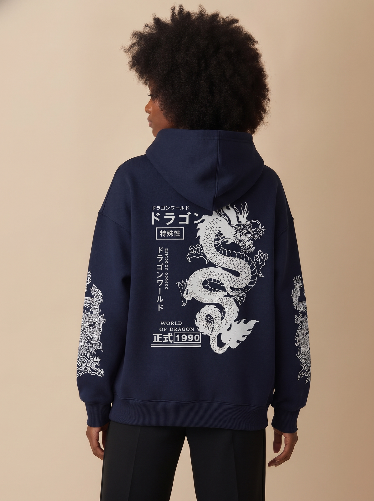Dragon Print Japanese Hoodie in Blue, on model