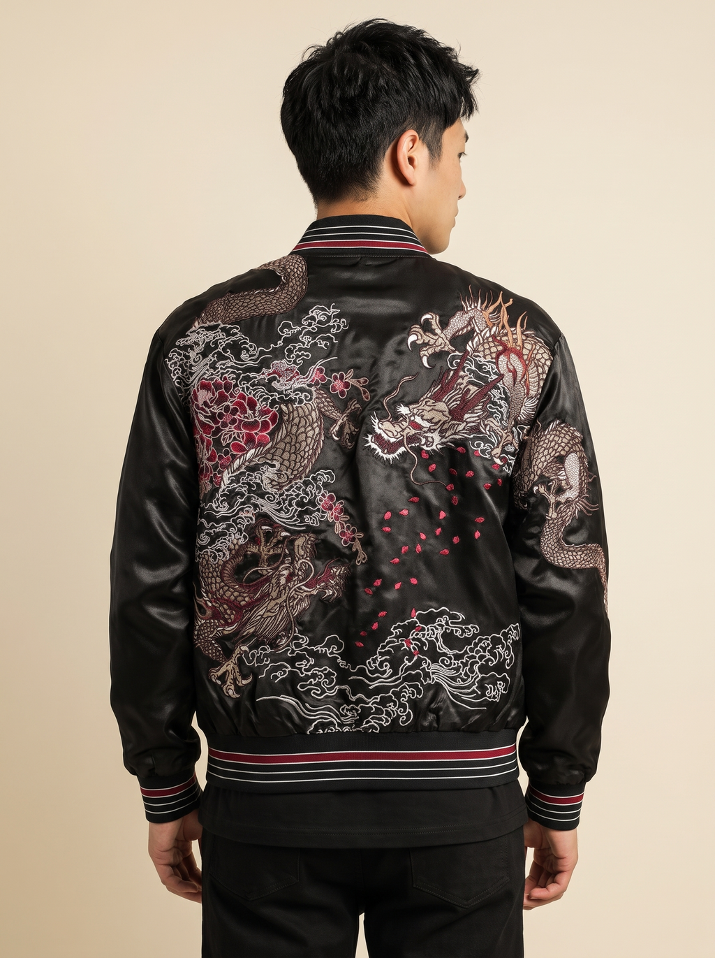 Black Dragon Embroidered Baseball Jacket, back view on model
