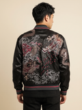 Black Dragon Embroidered Baseball Jacket, back view on model