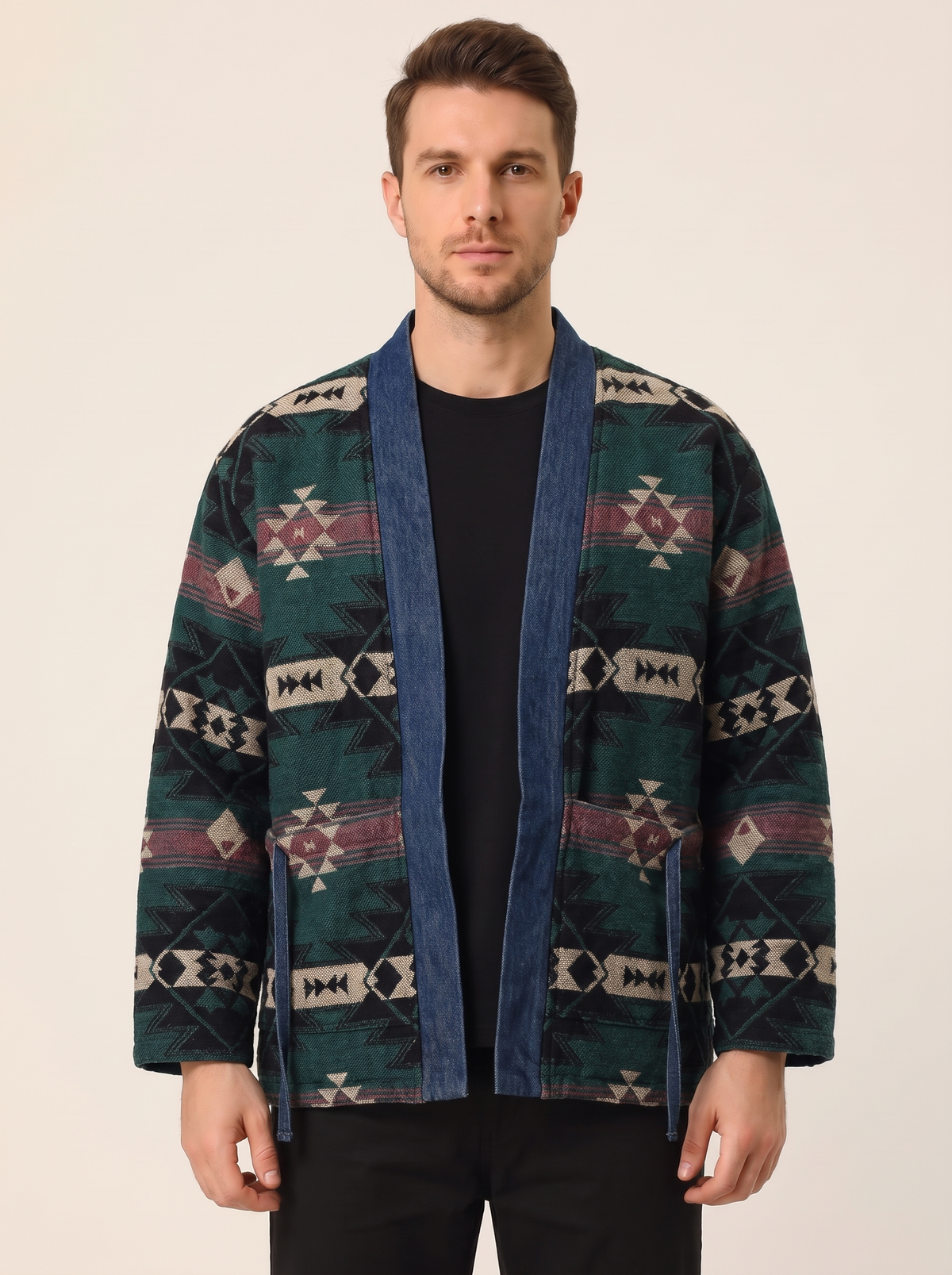Reversible winter haori jacket in blue denim, worn on the reverse side with green jacquard pattern