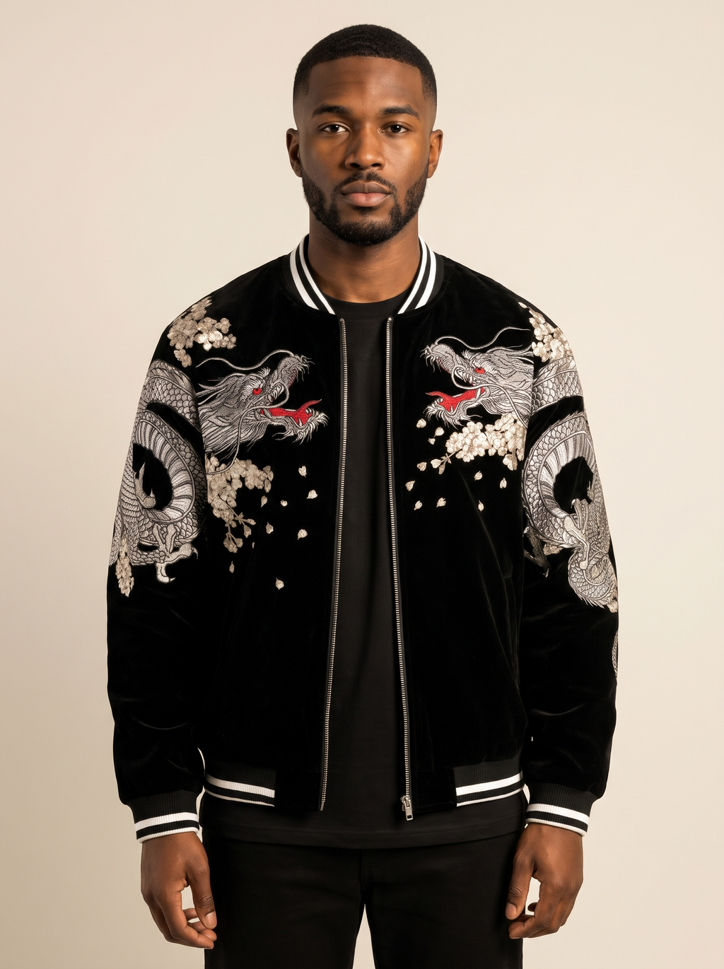 Coiled Dragon & Peony Sukajan Jacket in Black, front view on model