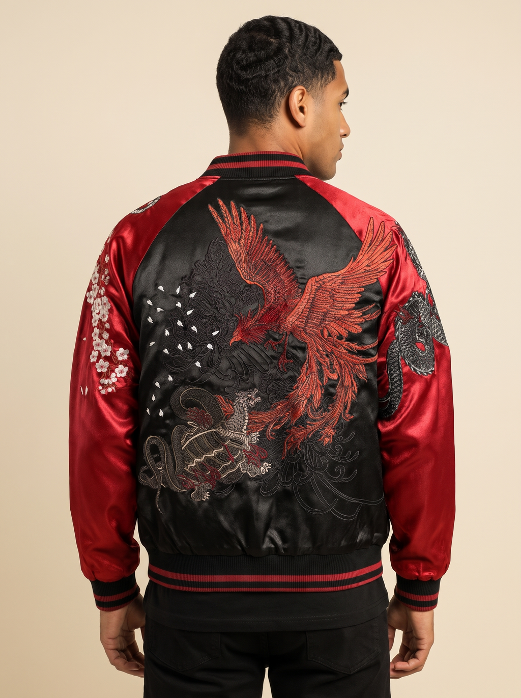 Tiger & Dragon Satin Sukajan with Red Sleeves, back view on model