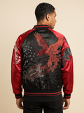 Tiger & Dragon Satin Sukajan with Red Sleeves, back view on model