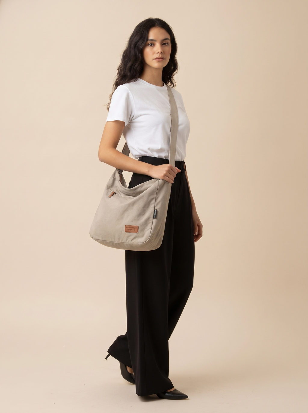 Large Japanese-Style Shoulder Bag in Khaki, on model