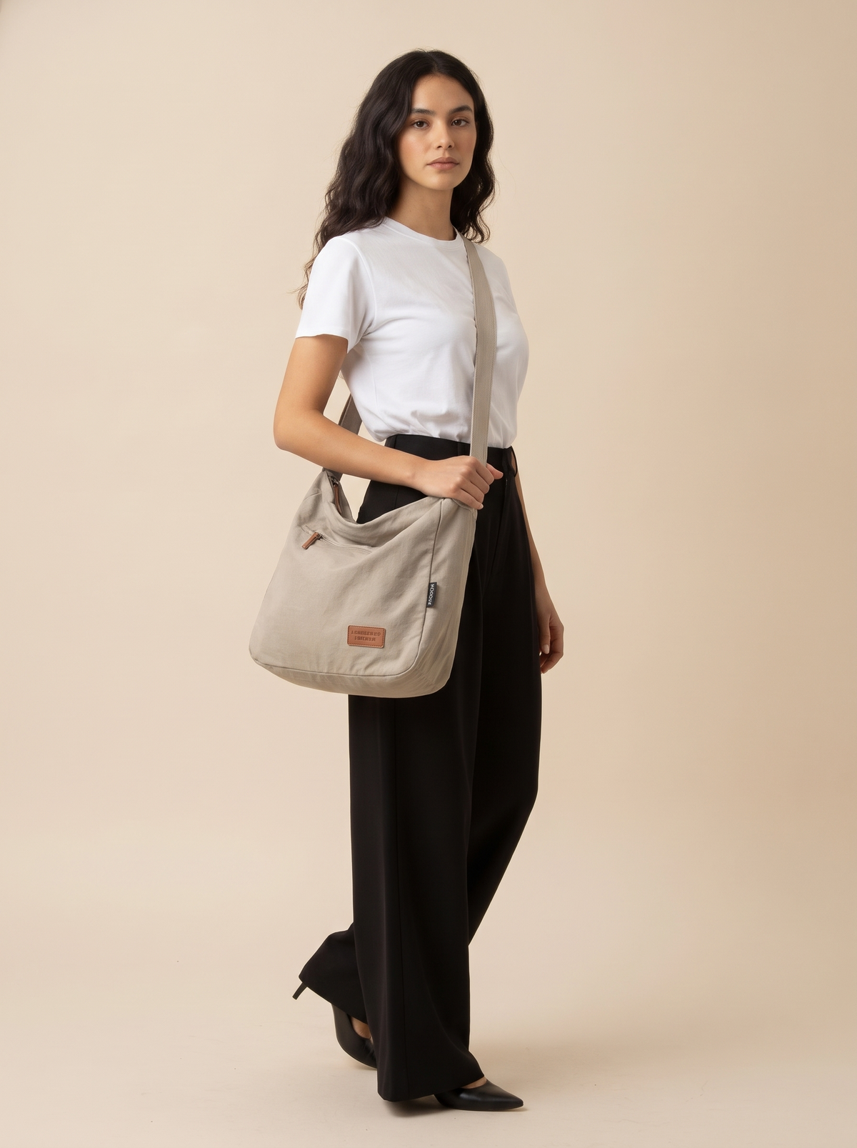 Large Japanese-Style Shoulder Bag in Khaki, on model