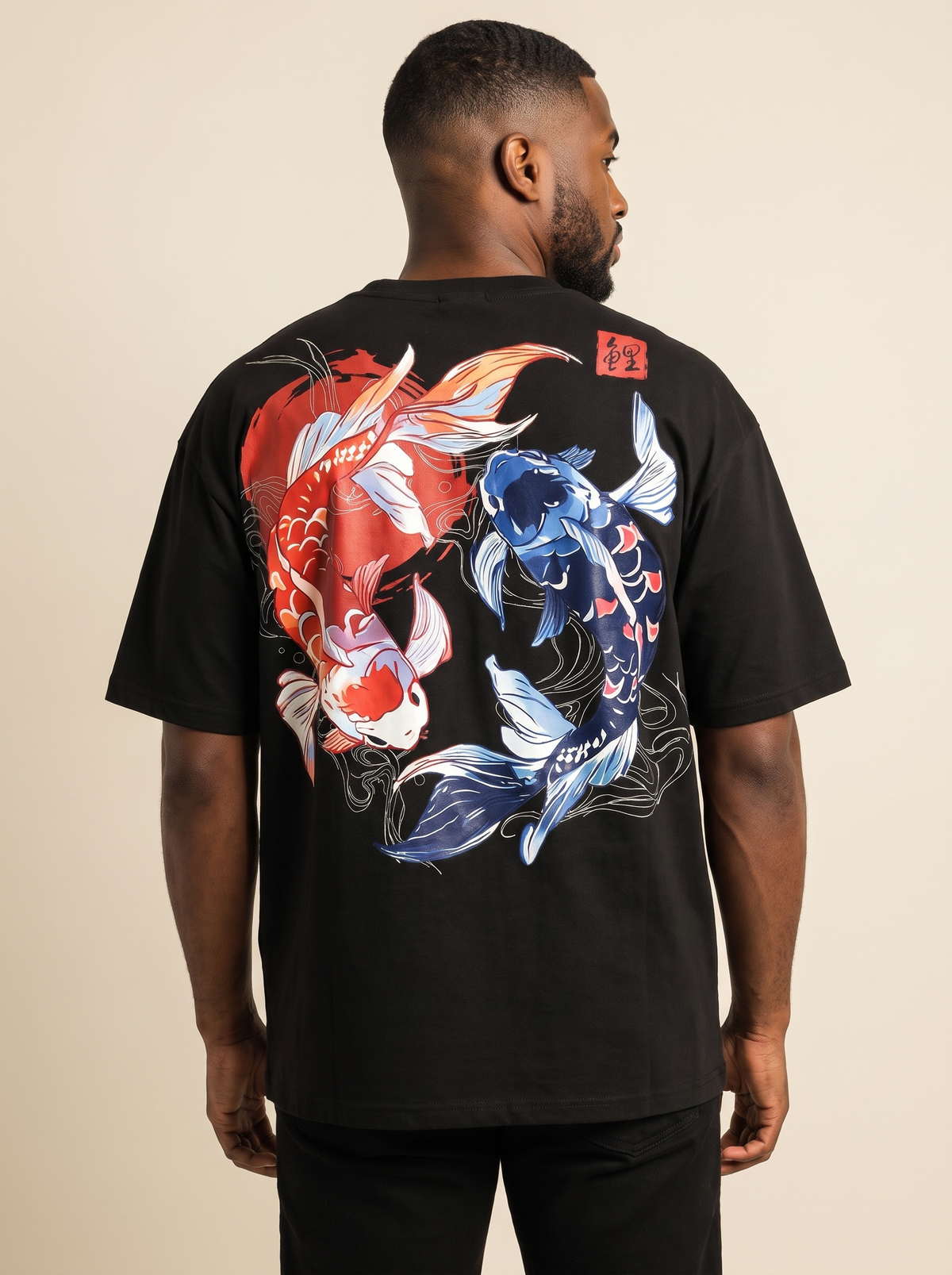 Koi Print Cotton T-Shirt, back view on model