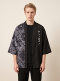Paisley Patchwork Haori in Black, front view on model