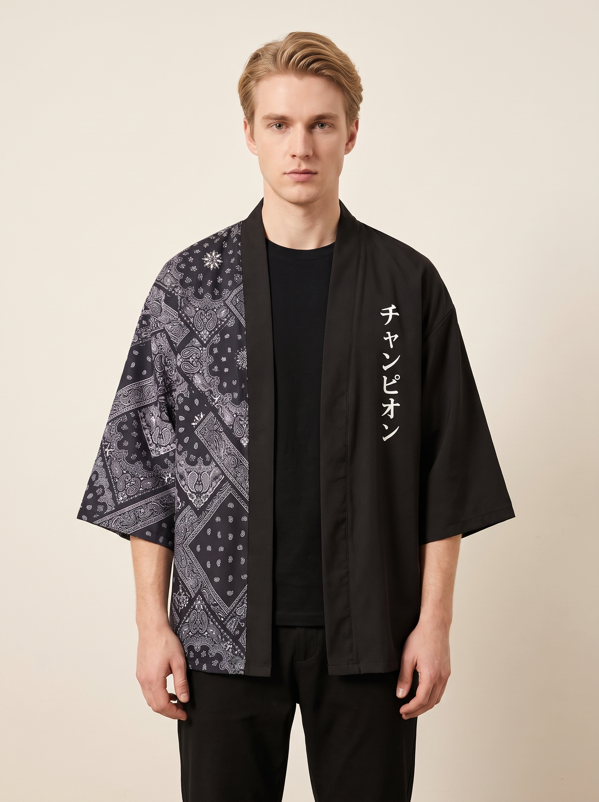 Paisley Patchwork Haori in Black, front view on model