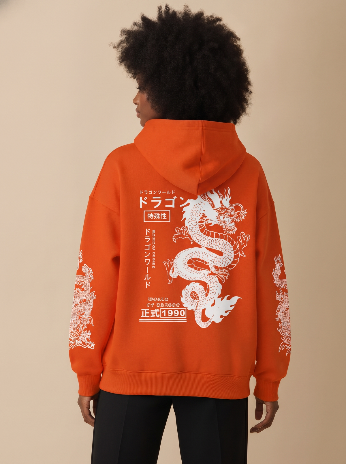 Dragon Print Japanese Hoodie in Orange, on model