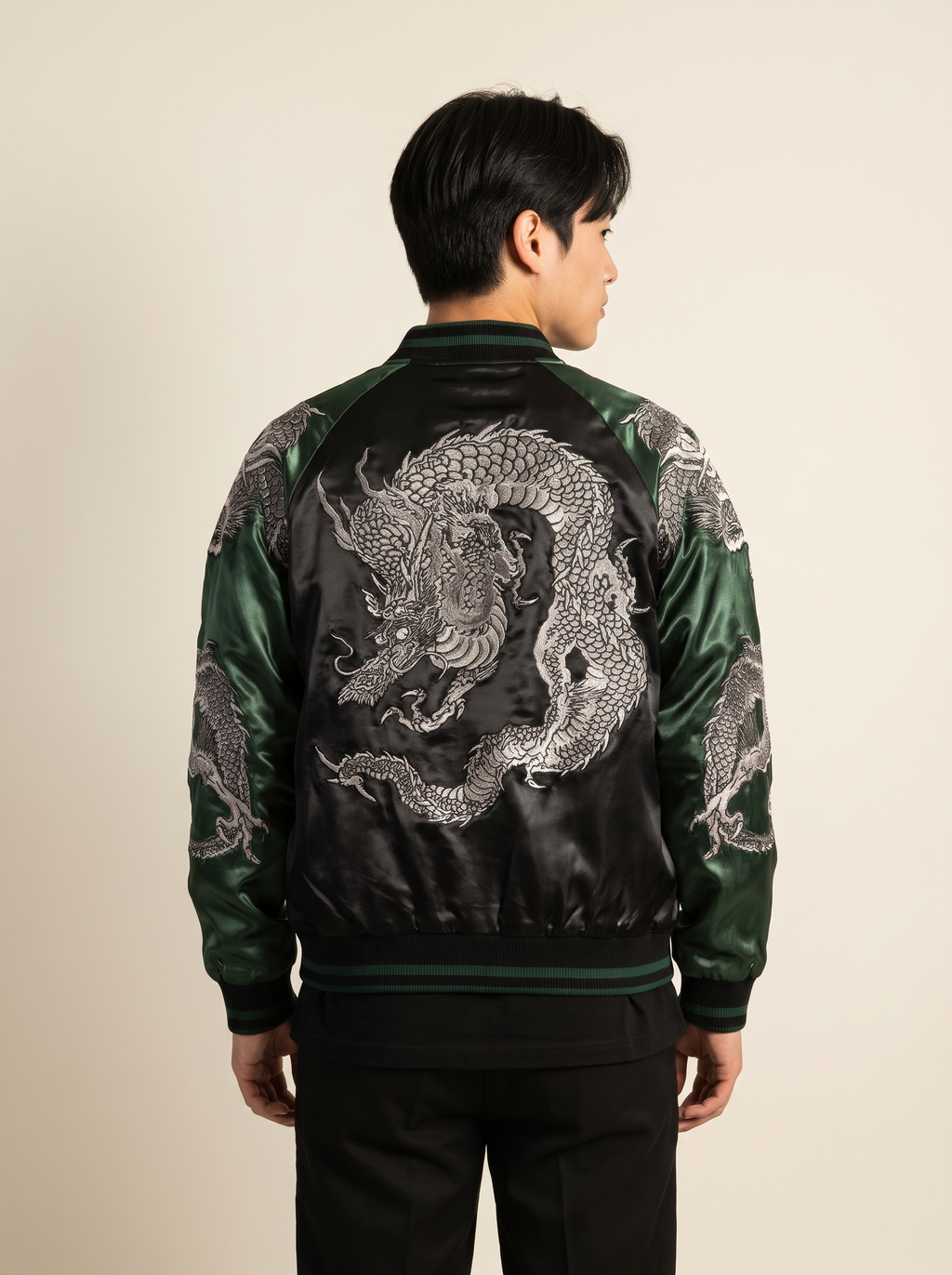 Yokosuka Dragon Embroidered Jacket with Green Sleeves, back view on model