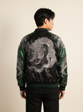 Yokosuka Dragon Embroidered Jacket with Green Sleeves, back view on model