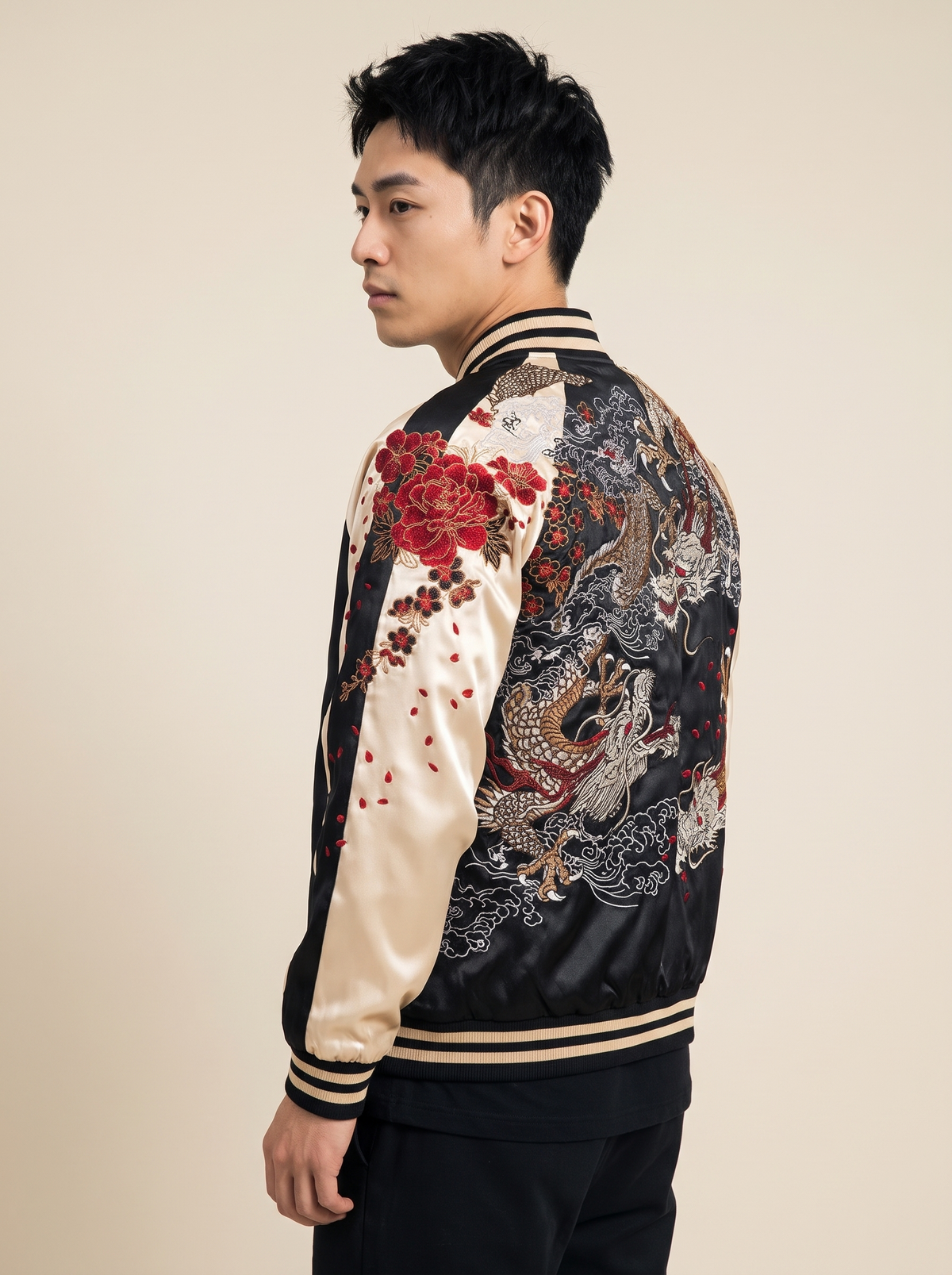 Reversible Yokosuka Dragon Jacket in Beige, side view on model