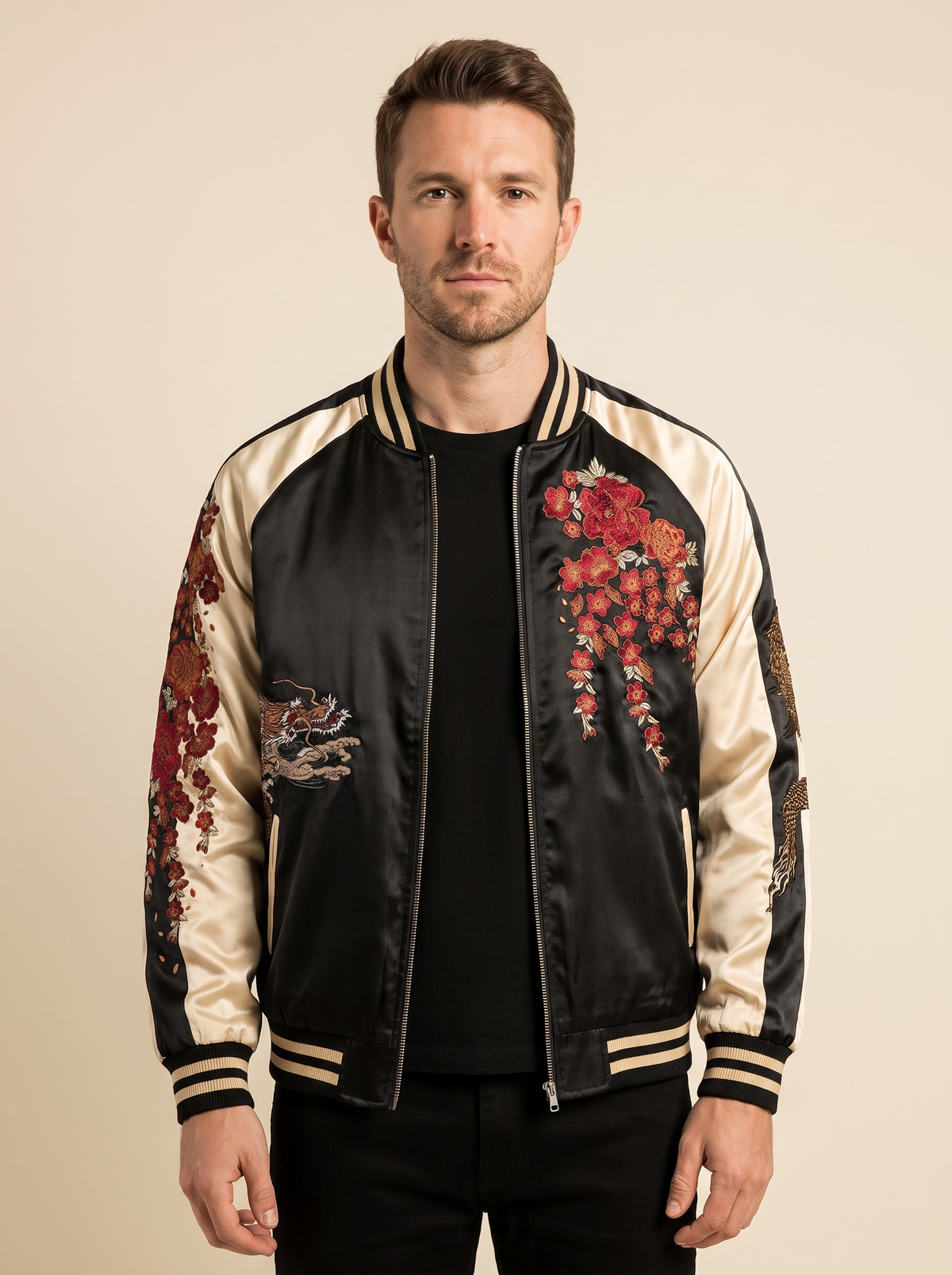 Yokosuka Dragon Sukajan Jacket in Beige, front view on model