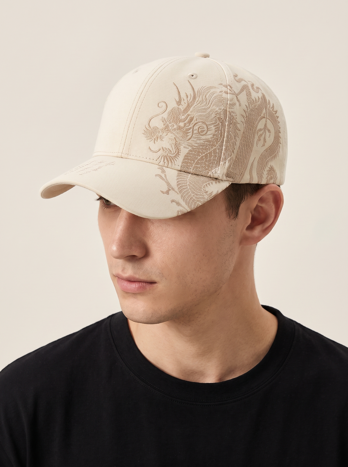 Embroidered Dragon Baseball Cap in Beige, on model