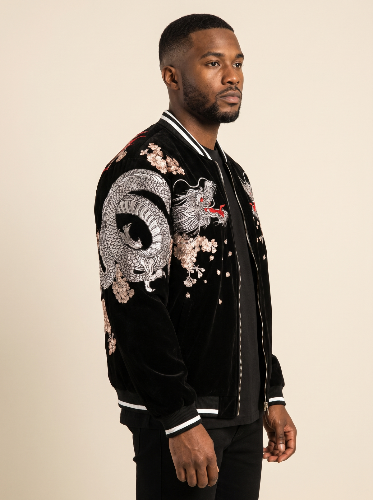Coiled Dragon & Peony Sukajan Jacket in Black, side view on model