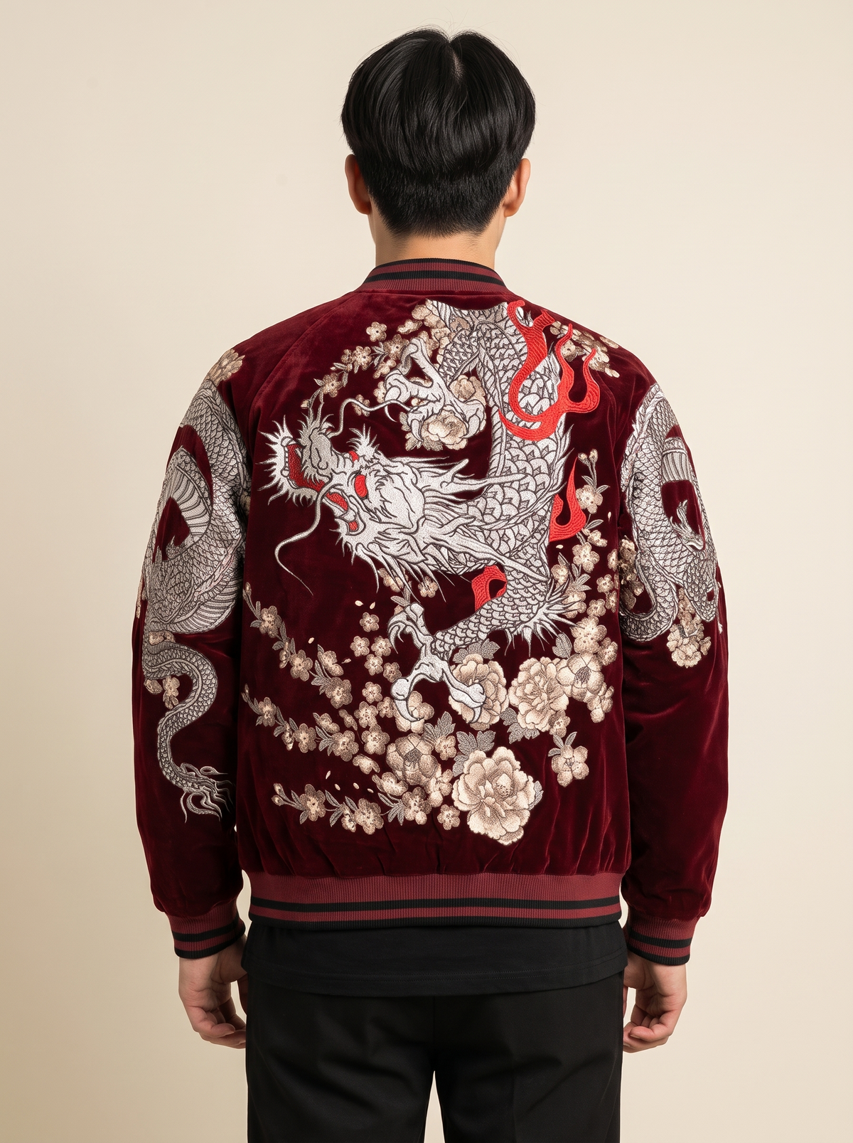 Coiled Dragon & Peony Sukajan Jacket in Wine Red, back view on model