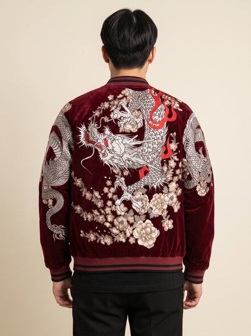 Coiled Dragon & Peony Sukajan Jacket in Wine Red, back view on model