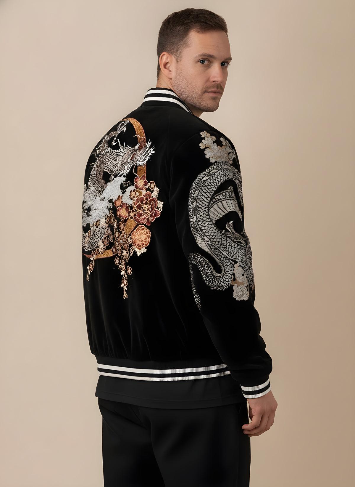Dragon Embroidered Sukajan Jacket in Black, back view on model