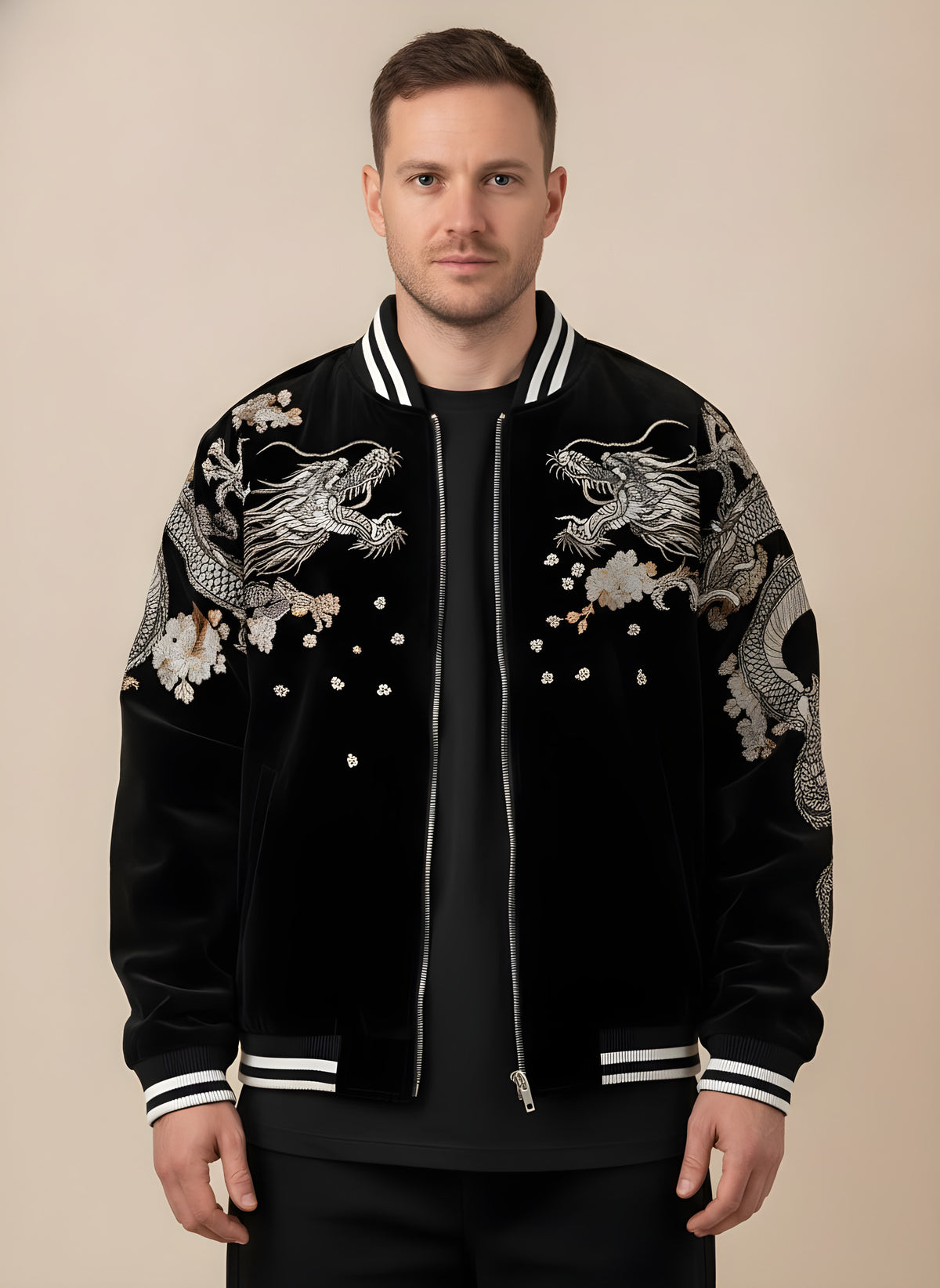 Dragon Embroidered Sukajan Jacket in Black, front view on model