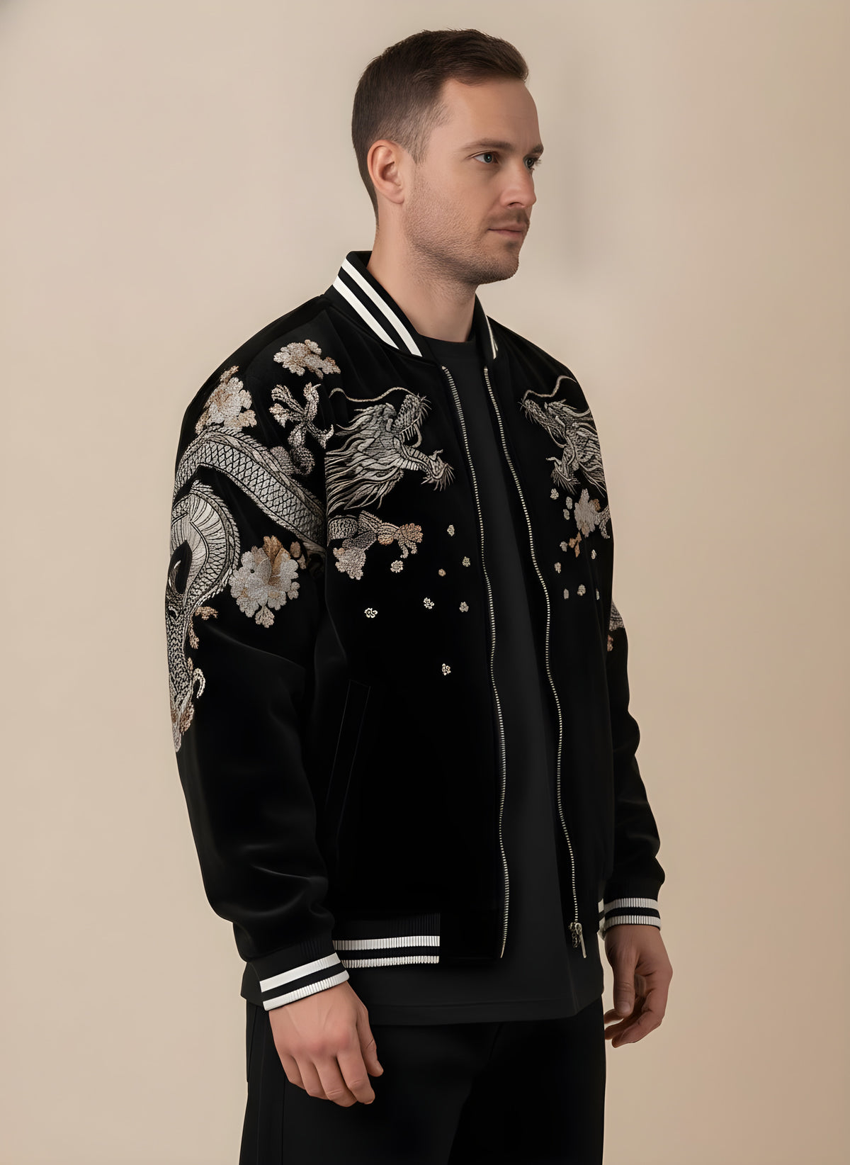 Dragon Embroidered Sukajan Jacket in Black, side view on model