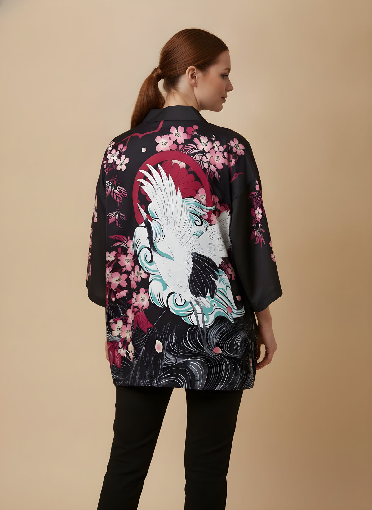 Crane & Cherry Blossom Haori Kimono Cardigan, back view on model