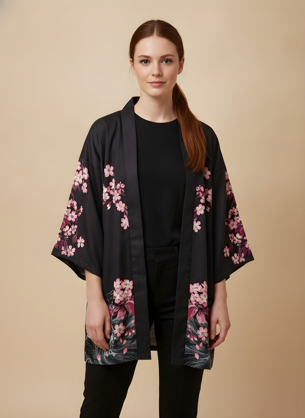 Crane & Cherry Blossom Haori Kimono Cardigan, front view on model