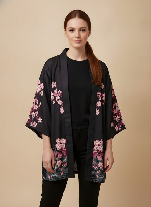 Crane & Cherry Blossom Haori Kimono Cardigan, front view on model
