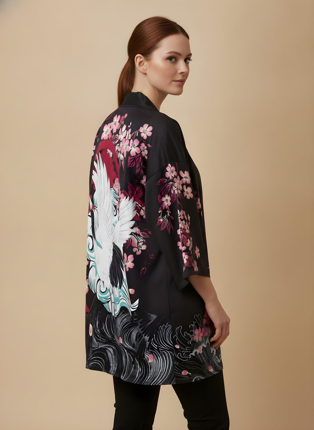 Crane & Cherry Blossom Haori Kimono Cardigan, side view on model