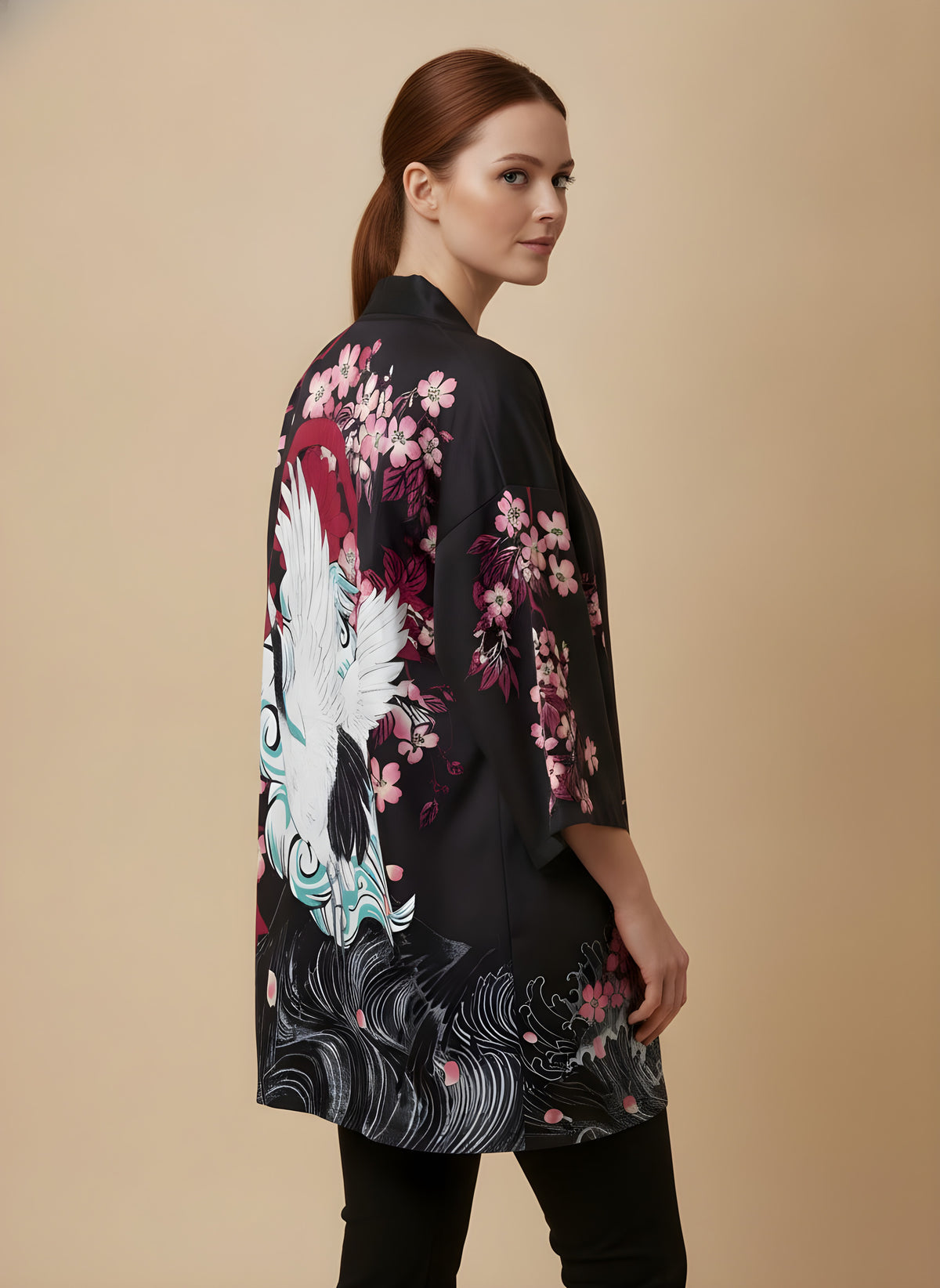 Crane & Cherry Blossom Haori Kimono Cardigan, side view on model
