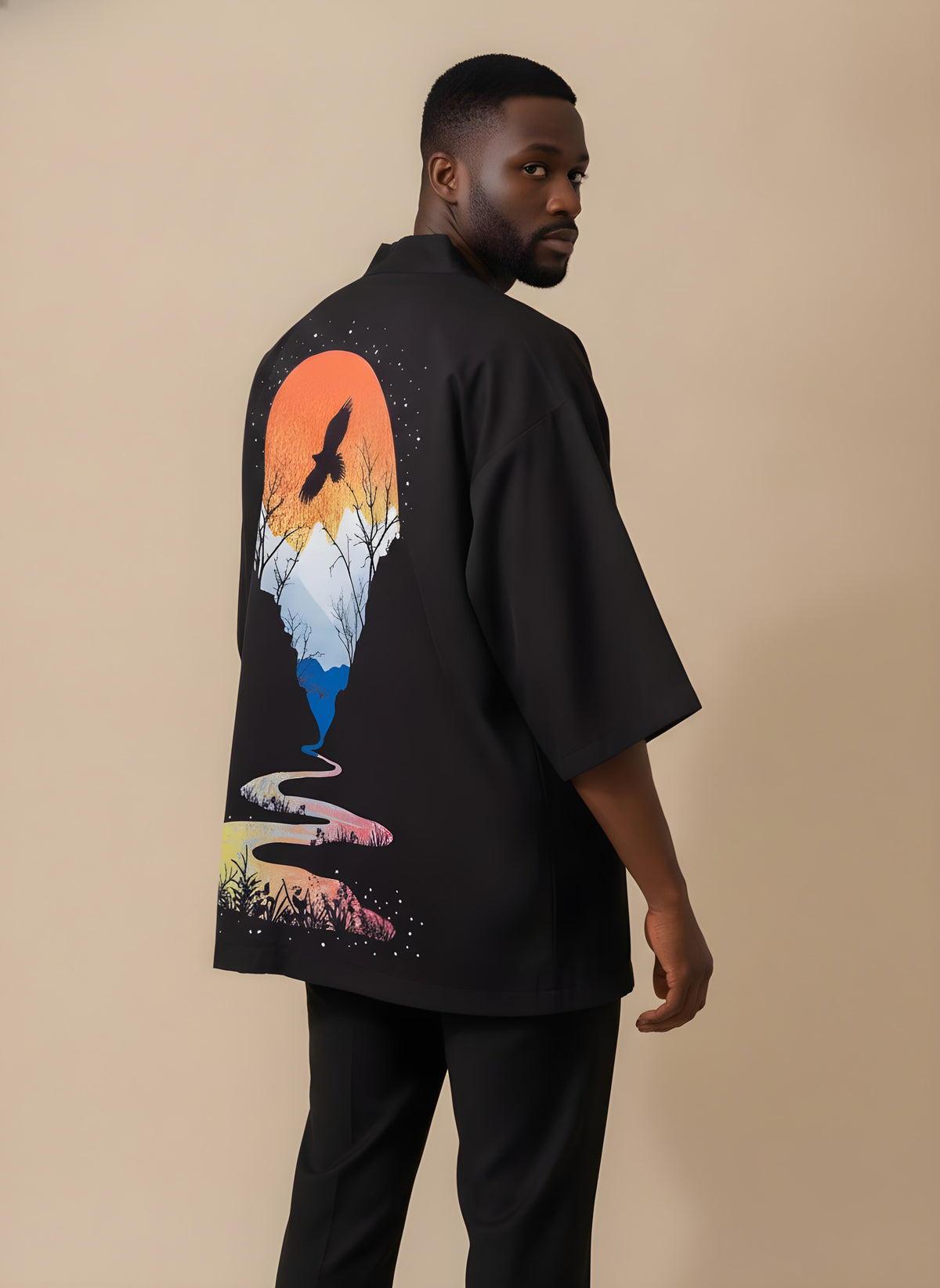 Mount Fuji Sunset Haori Kimono Cardigan, back view on model