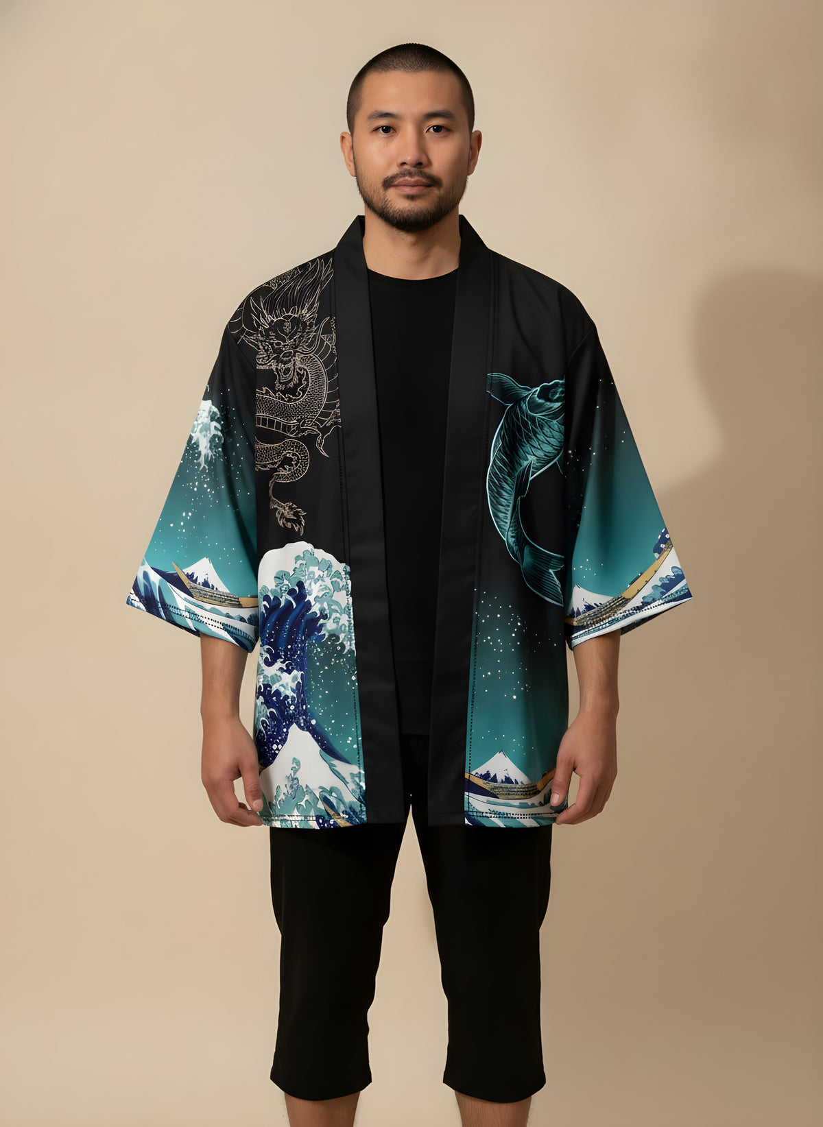 Dragon & Great Wave Kimono Cardigan in Teal, front view on model