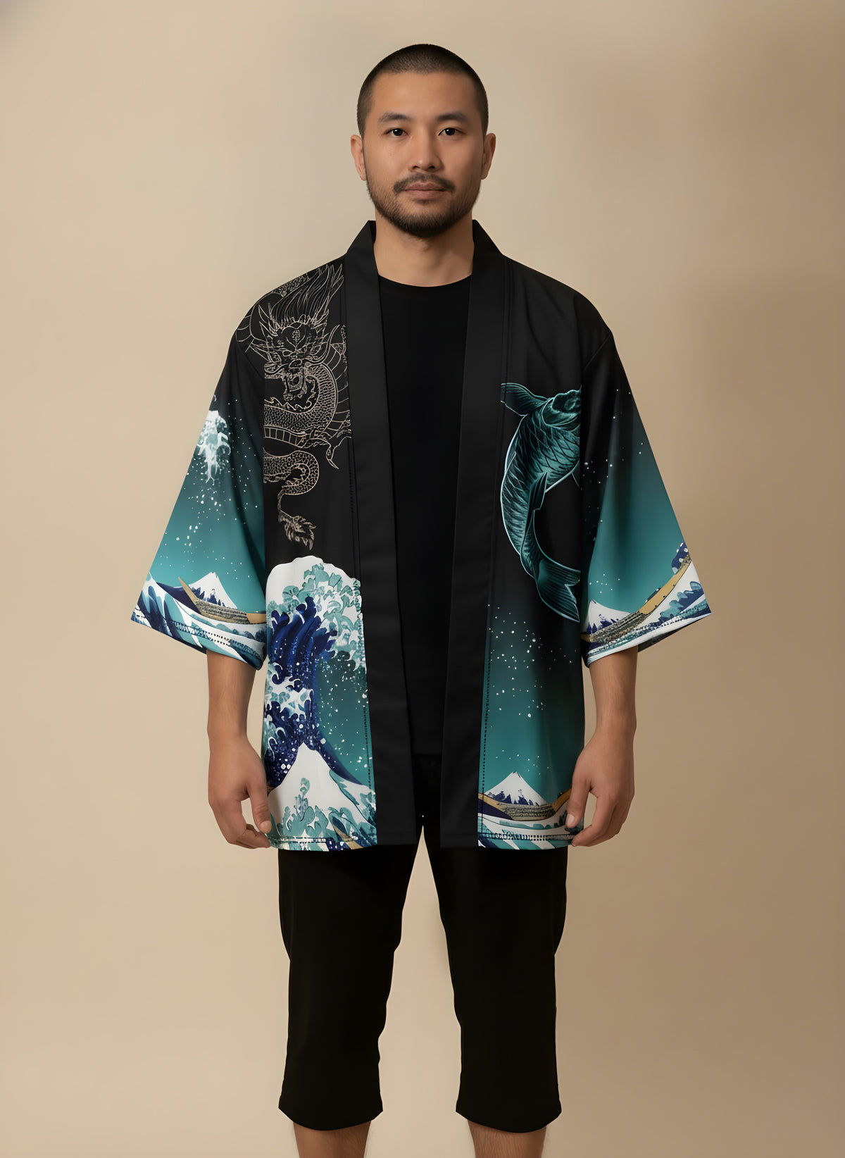 Dragon & Great Wave Kimono Cardigan in Teal, side view on model