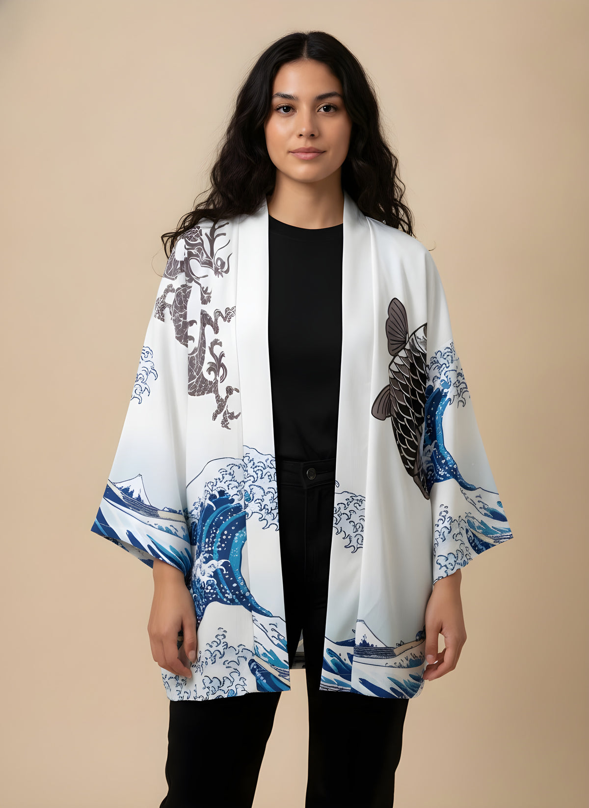 Great Wave & Koi Kimono Cardigan in White, front view on model