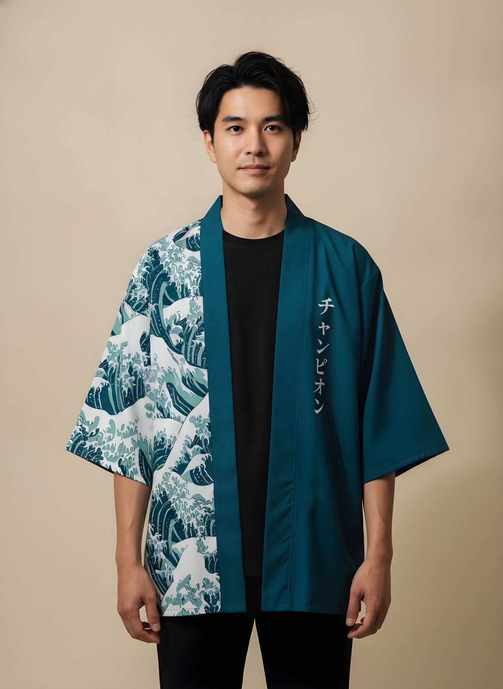 Great Wave Patchwork Haori in Teal, front view on model