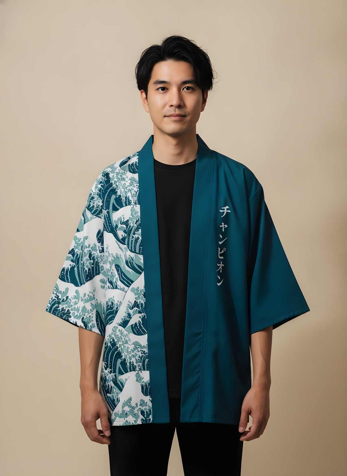 Great Wave Patchwork Haori in Teal, front view on model