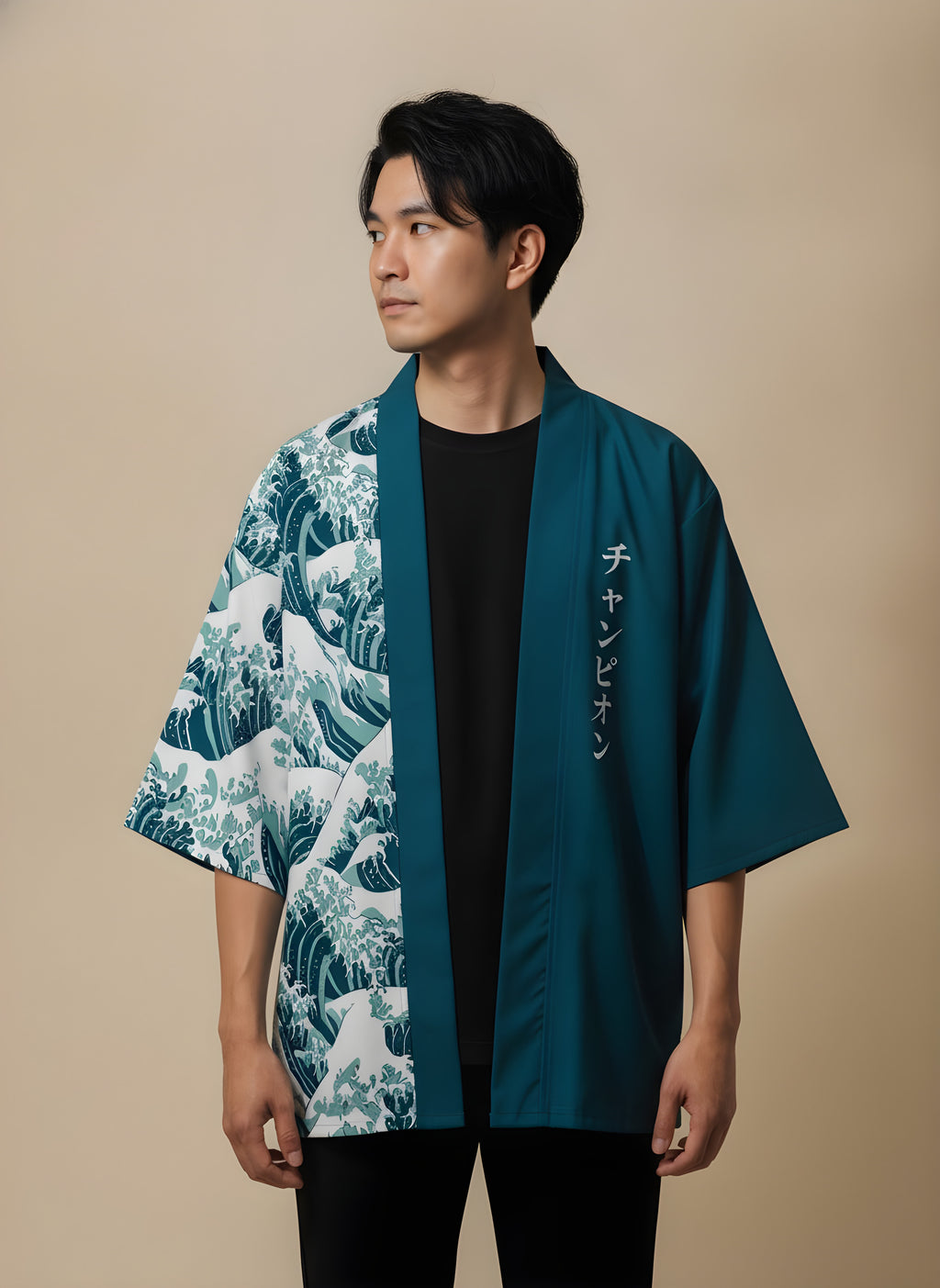 Great Wave Patchwork Haori in Teal, side view on model