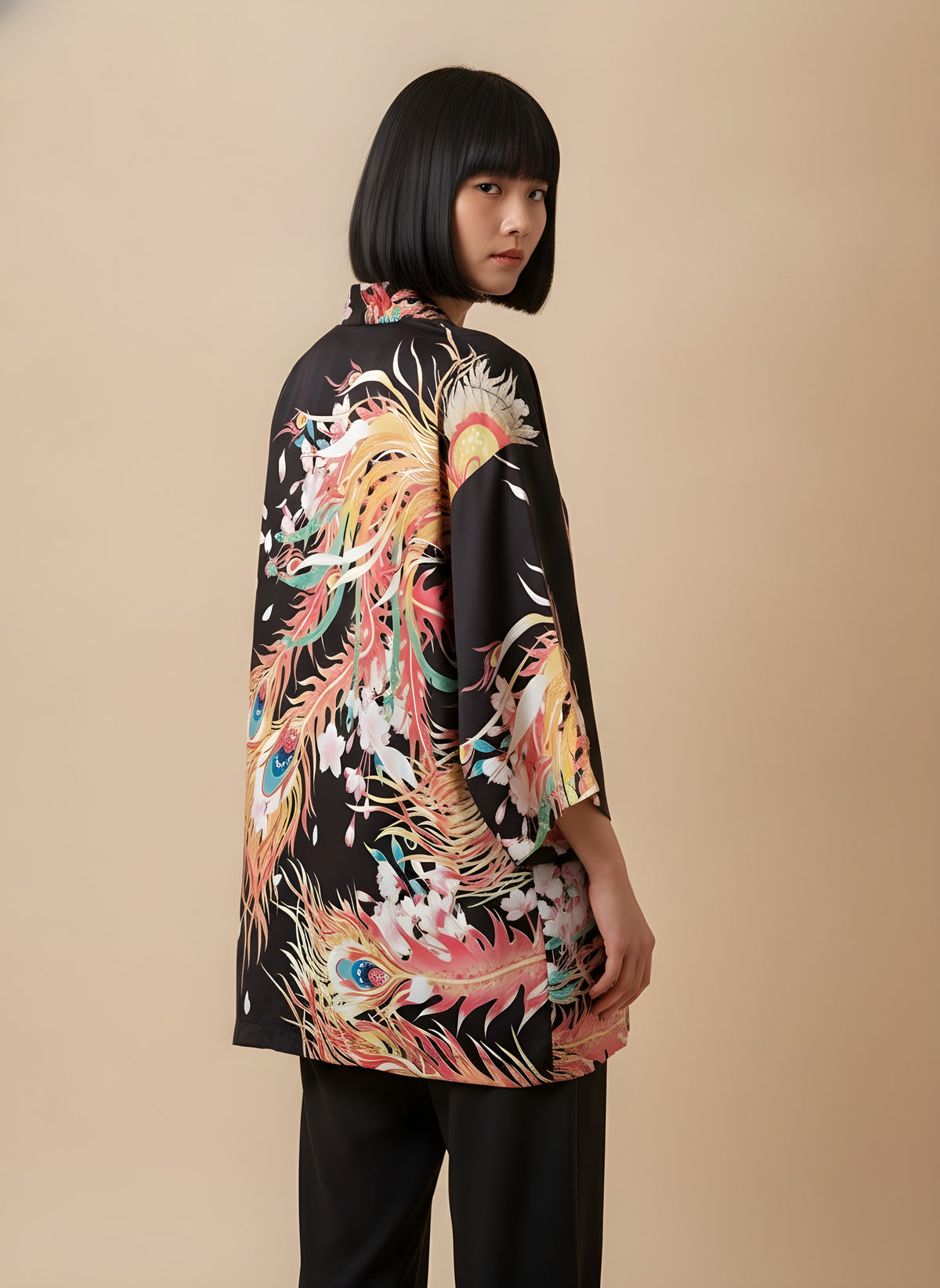 Phoenix Print Haori Kimono Cardigan, back view on model