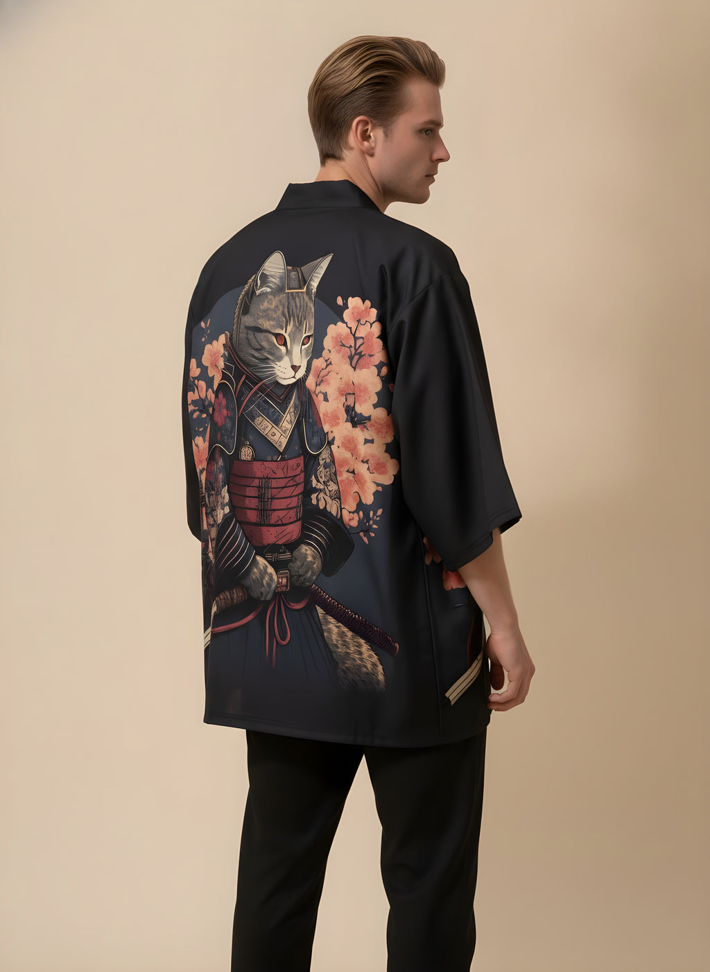 Samurai Cat Armor Haori Kimono, back view on model