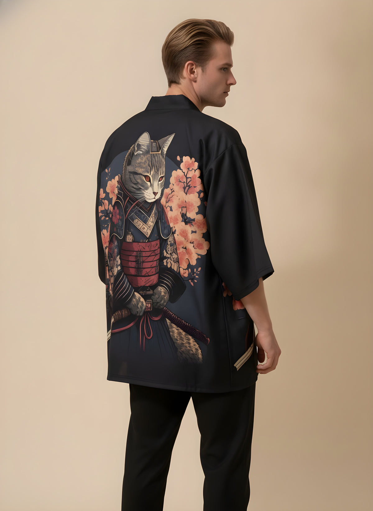 Samurai Cat Armor Haori Kimono, back view on model